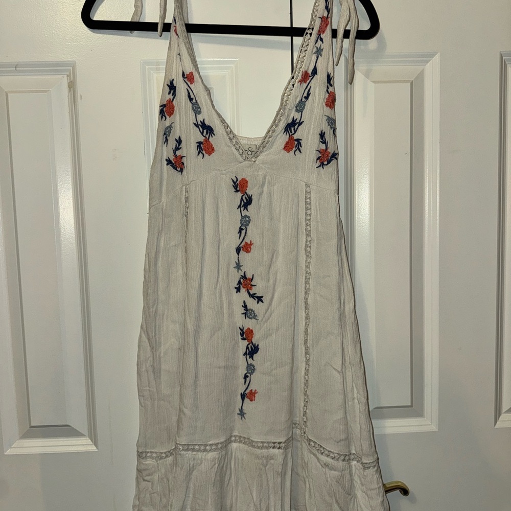 White Embroidered Tie-Strap Sundress with Navy & Orange Floral Detail